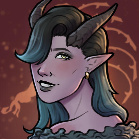 A portrait of a tiefling woman with mid length hair that is dark at the top and teal blue at the ends, looking over her shoulder and smiling. In the background is the symbol of Loviatar's whip